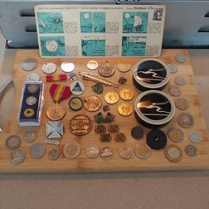 Mens Junk Drawer Lot Coins Medals Pins